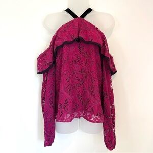 WAYF Red Wine Lace Ruffle Velvet Strap Blouse Top - Women's Size Medium